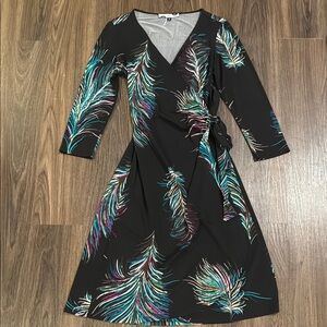 Lily Black Long Sleeve Dress with Colorful Feather Print